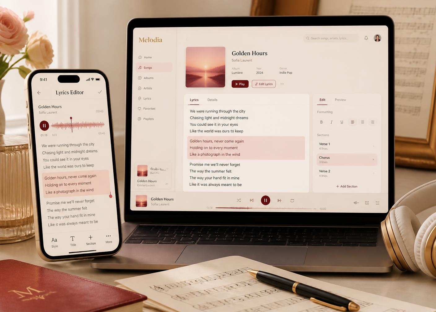 Vista de la app Canción a Medida en celular y computadora